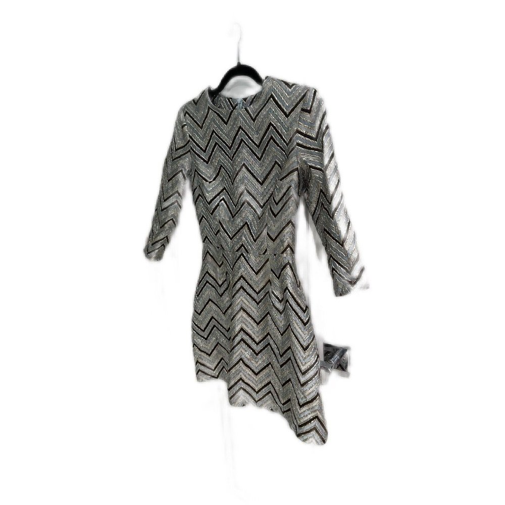 Must Have Stretch Knit Swing A-Line Dress Blue With Black Gold Geo Print…